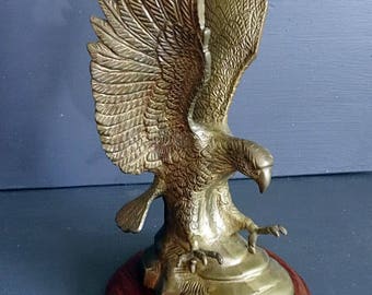 Large Brass Eagle on Wood Base 11 Inches Tall Statue Figurine