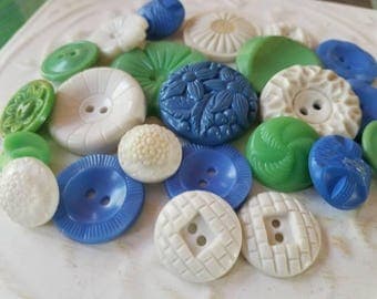 Vintage Buttons - Cottage chic fancy pierced mix of blue, green, white lot of 23 old and sweet( July 401 17)