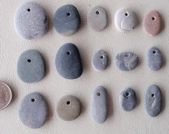 Genuine English small 15 BEACH PEBBLES, with drilled holes for jewellery