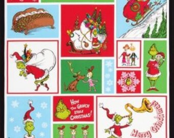 Free Ship USA - How the Grinch Stole Christmas 100% cotton fabric panel 24 x 44/45 inches tall
