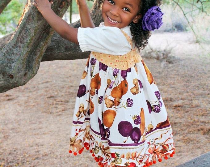 Thanksgiving Outfit - Toddler Clothes - Girls Thanksgiving Dress - Pom Pom Skirt - Big Bow - Peasant Blouse - Sizes 6 months to 8 years