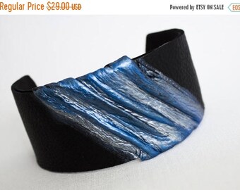 50% OFF SALE Leather bracelet. Metallic blue and silver color cuff Leather jewelry Wristband