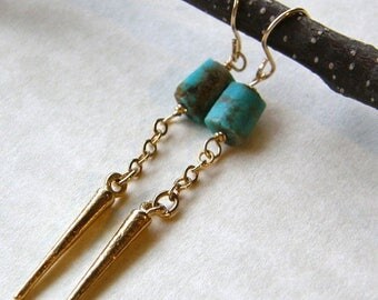 Summer Sale 20% Off Dainty Turquoise Earrings, Gold Spike Earrings, Tribal Earrings