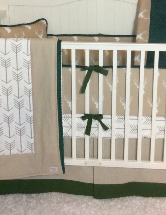 Baby Boy Crib Bedding Set Made to Order Tan and Hunter Green