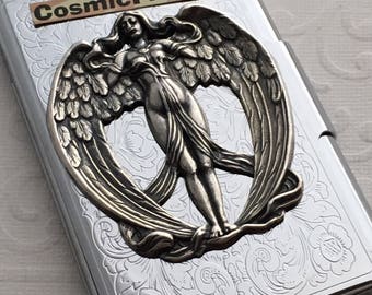 Shiny Silver Plated Angel Business Card Case Steampunk Card Case Gothic Victorian Card Case Metal Card Wallet Angel Wings