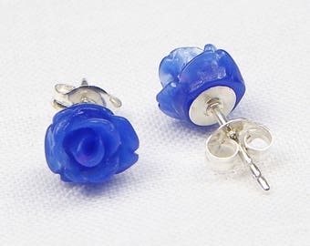 Dark Blue Resin Rose Earrings - Sterling Silver - 7MM - Stud Earrings - Flower Earrings - Resin Earrings - Gift