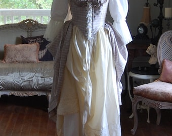 Silk and cotton peasant Victorian Marie Antoinette costume dress with bodice and two upcycled skirts petticoat