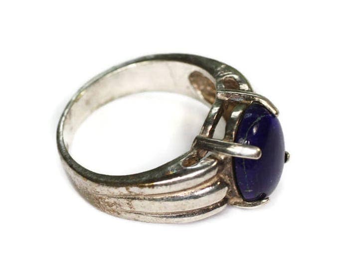 Lapis Glass Cabochon Sterling Modernist Ring Size 7