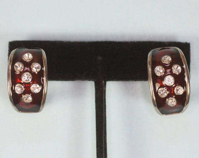 Red Enamel Half Hoop Earrings Clear Rhinestones Clip On Vintage
