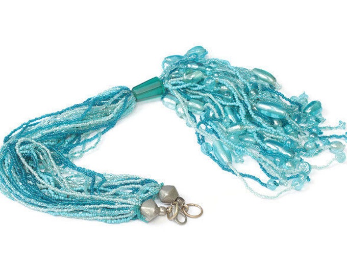 Aqua Turquoise Glass Beaded Necklace Multi Strand Runway Tassel Necklace Vintage