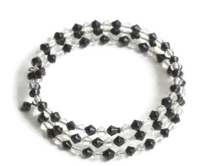 Black and Clear Crystal Memory Wire Coiled Bracelet Vintage