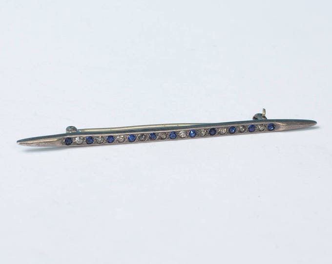 Antique Sterling Bar Pin Blue and Clear Paste Stones Signed ALLCO