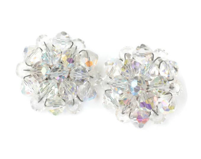 Aurora Borealis Crystal Cluster Bead Earrings Clip On Style Vintage