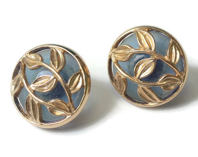 Gold Leaf Overlay Blue Glass Earrings Posts Vintage Round Smaller Size