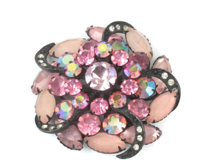 Pink Rhinestone Pinwheel Brooch AB Frosted Stones Japanned Finish Dimensional Vintage
