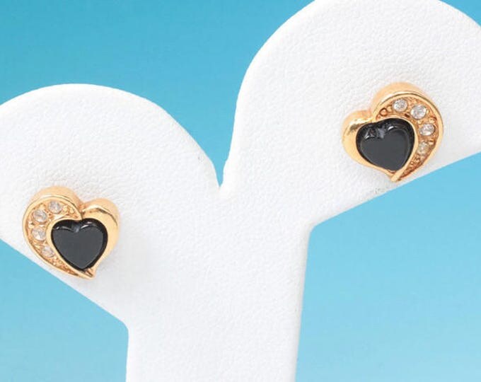Small Heart Earrings Black Center Clear Rhinestones Posts Signed Avon Vintage
