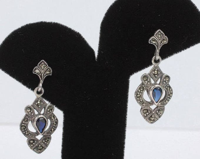 Sterling Marcasite and Blue Gemstone Dangle Earrings Posts Vintage Signed Marsala