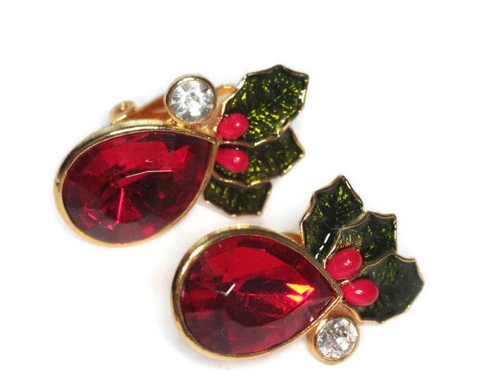 Avon Red Rhinestone Holly Earrings Enameled Leaves and Berries Clip On Style Christmas Holiday