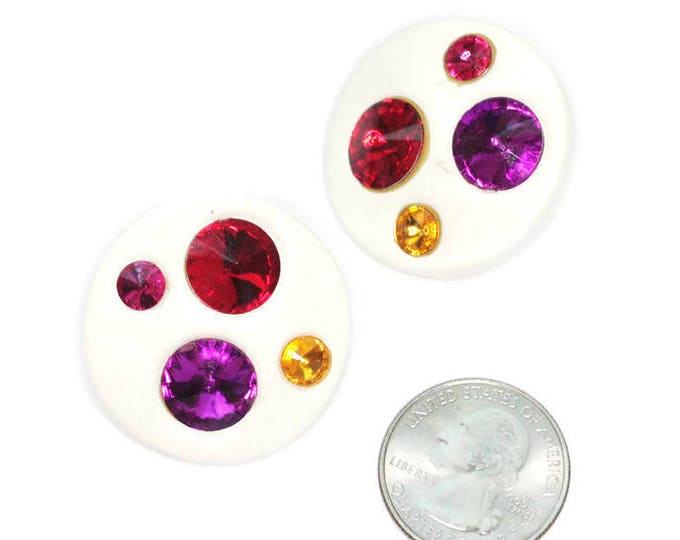 White Lucite Rhinestone Earrings Multi Color Rivoli Stones Large Round Clip Ons