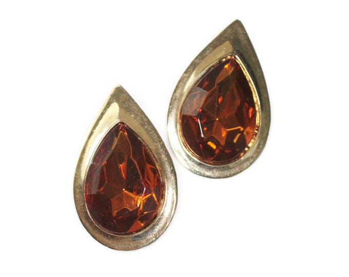 Amber Glass Tear Drop Earrings Gold Tone Bold Clip On Vintage 1980s