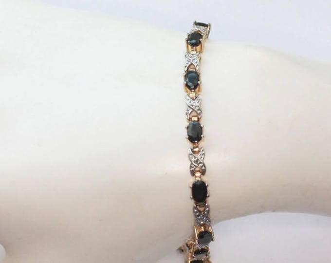 Dark Blue Gemstone Tennis Bracelet Clear Gemstone Accents Signed China