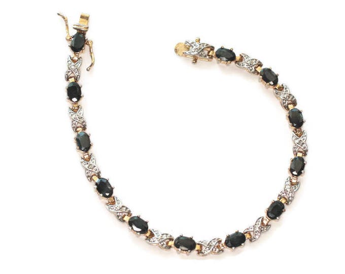 Dark Blue Gemstone Tennis Bracelet Clear Gemstone Accents Signed China