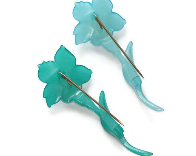 Teal and Turquoise Flower Brooches Buch and Deichmann Denmark Thermoplastic Vintage