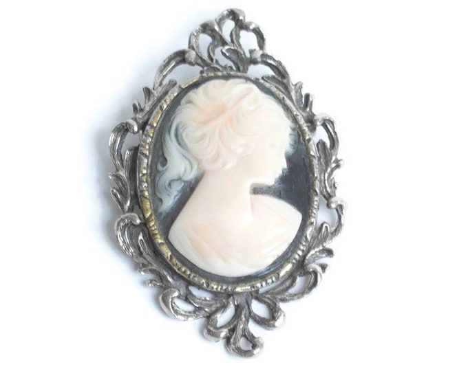 Off White Cameo Brooch Woman in Silhouette Black Background Brooch Fancy Silver Tone Frame Mid Century