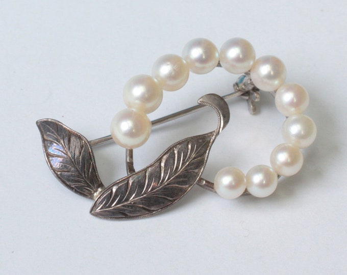 Cultured Pearl and Silver Swirled Leaf Pin Gift Wedding Vintage