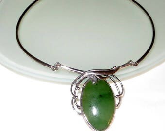 Jadite Green Stone Sterling Silver Necklace 27g