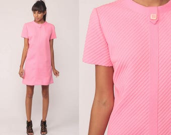Pink Mini Dress 60s Shift Retro Space Age 1960s Vintage Hipster Gogo Textured STRIPE Twiggy 70s Minimalist Minidress Go Go Medium Large