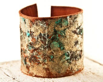 Turquoise & Gold Cuff Wide Bracelet - Leather Jewelry Wristbands - Rainwheel