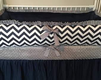 Navy Blue Gray and White Chevron Boy Baby bedding Crib set