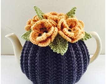 Hand knit Floral Tea Cosy - in Pure Merino Wool - Size Medium - fits standard 4-6 cup teapots