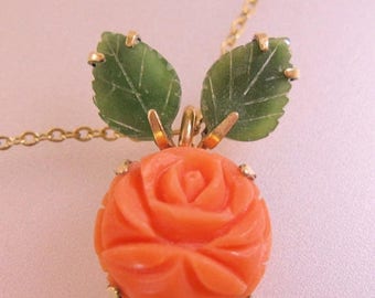 SALE & FREE SHIPPING Krementz Salmon Coral and Jade Hand Carved Rose Pendant Necklace Vintage Jewelry Jewellery