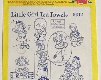 Vintage Aunt Martha's Little Girl Tea Towels 3912 Hot Iron Transfers Uncut