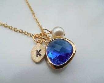20% Off - Sapphire Necklace, Gold or Silver September Birthstone Necklace with Initial Leaf, Jewel, Pearl, Bridesmaid gift, Birthday Gift