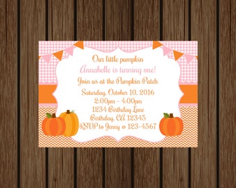 Pink and Orange Pumpkin Birthday Invitation, Fall Birthday, Our Little Pumpkin Invitation, Girl Birthday Invitation