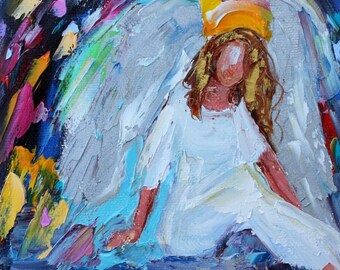 Angel on Cloud Nine painting original oil 6x6 palette knife impressionism on canvas fine art by Karen Tarlton