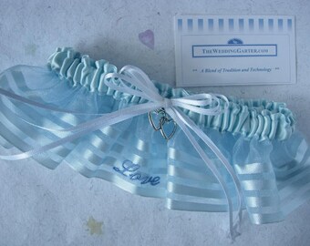 SALE PRICED Embroidered Wedding Garter, Something Blue, Satin Garters, Love Garters, Light Blue Garters, Bridal Shower Gifts