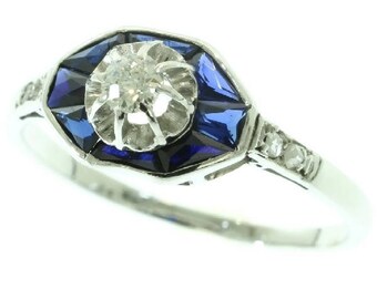 Blue sapphire diamond ring Art Deco engagement ring 18k white gold platinum center old European cut diamond .15ct rose cut diamonds French