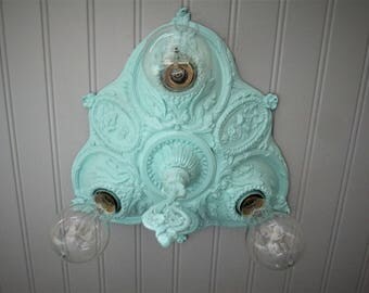 Vintage Antique Flush Mount Ceiling Light Celadon Green Art Deco Light Ceiling Light Farmhouse Decor Three Light 11" Diameter Sea Foam