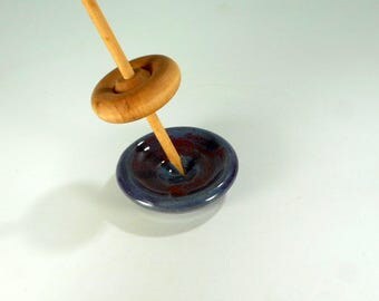 Pottery spindle bowl, ceramic spinning bowl, supported spindle bowl, stoneware lap bowl, spindle support bowl, spinning disk purple glaze