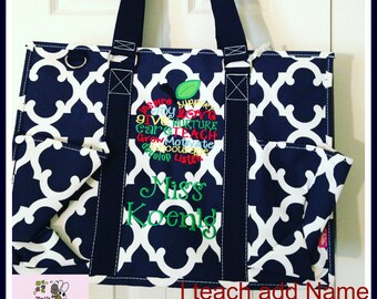 Navy Geometric Clover Pattern LARGE Size Organizer, zippered Utility Tote Bag, Teacher Bag, Nurse Bag, Nurse Tote, Diaper Bag