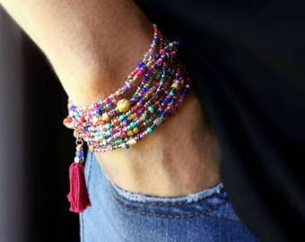 Fiesta Beaded Wrap Bracelet - 87" Long Seed Bead Stretch Bracelet