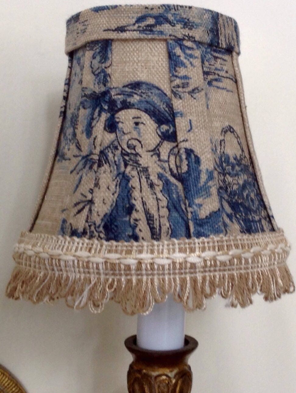 Blue and natural French toile chandelier shades chandelier