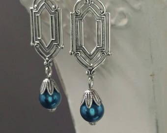 Art Deco Earrings - Art Deco Jewelry - Navy Blue Pearl Earrings - Great Gatsby Wedding - Bridesmaid Earrings - Downton Abbey Style Jewelry