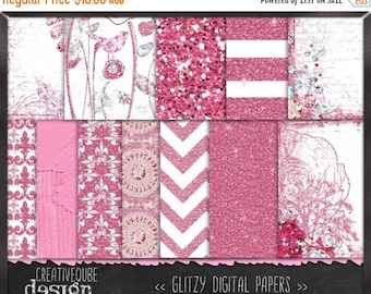 80% Off SALE Digital paper, Digital Scrapbook paper pack - Instant download - 12 Digital Papers - Pink glitter