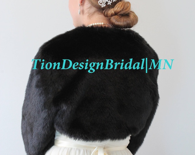 Easter Sale Bridal faux fur jacket, Wedding fur jacket, Bridal wrap stole, Bridal cape #890F-WHI (Black / White)