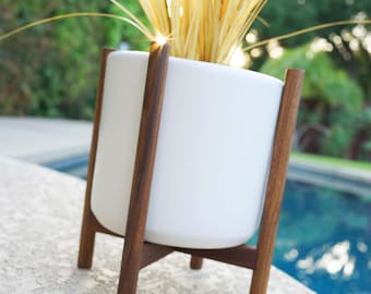 9" Quad Base Stand & Ceramic Planter - Mid Century Modern Eames Era Bullet Vintage Style Pottery Walnut IP